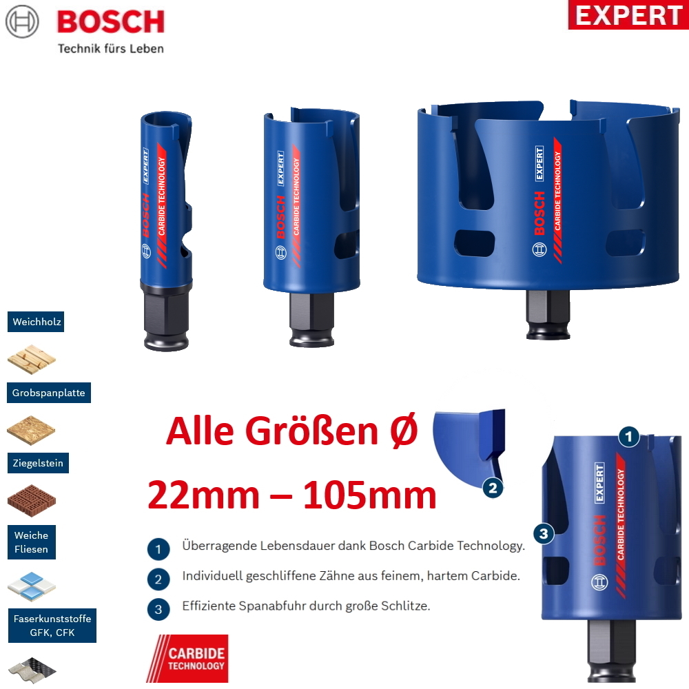 Bosch Lochsäge EXPERT Construction Material - 60mm Arbeitslänge - Ø 22 - 105 mm