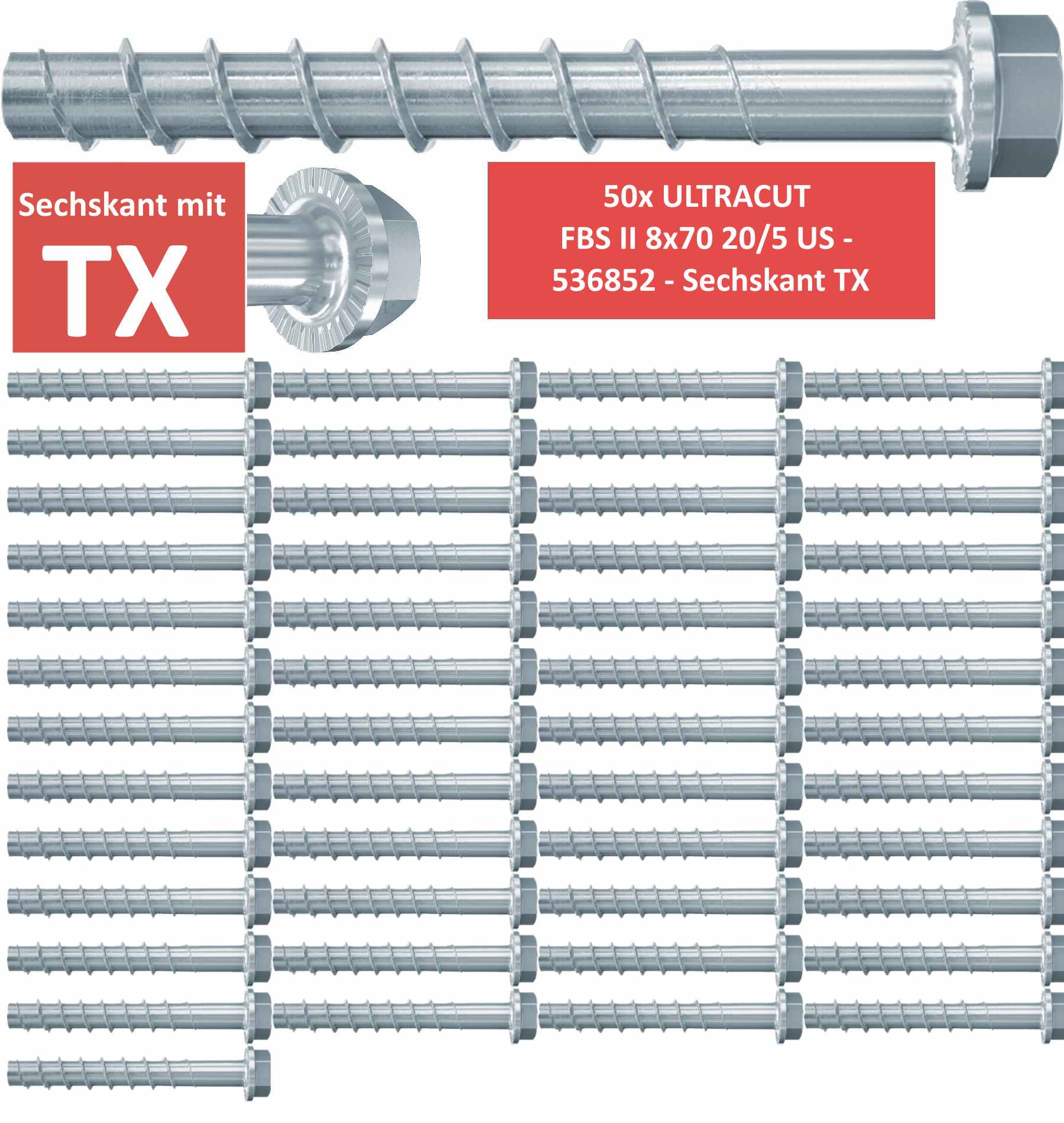 Fischer Betonschrauben Sechskant TX UltraCut FBS II 8x70 20/5 US - 50 Stück