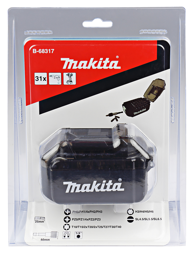 Makita Bit-Set in Akku-Box - 31-teilig - E-00016 - PH,PZ,T,HEX,SL - Bithalter 1/4"