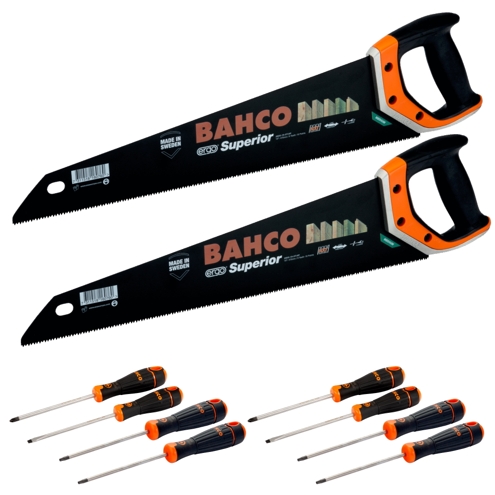 Bahco Säge Fuchsschwanz 2 Stück - 475mm 2600-19-XT-HP + 8 Schraubendreher