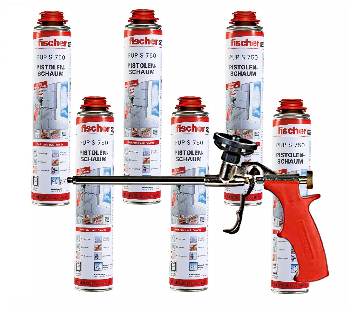 Fischer Pistolenschaum PUP S 750ml B2 1K - 6 Stück + 1x Fischer Schaumpistole