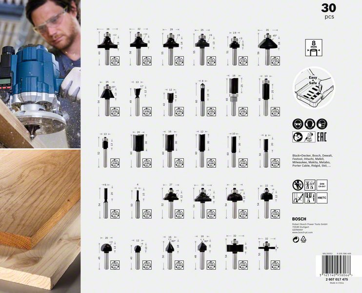 Bosch 30-teiliges Fräser-Set Fräser - 8mm Schaft - in Kassette