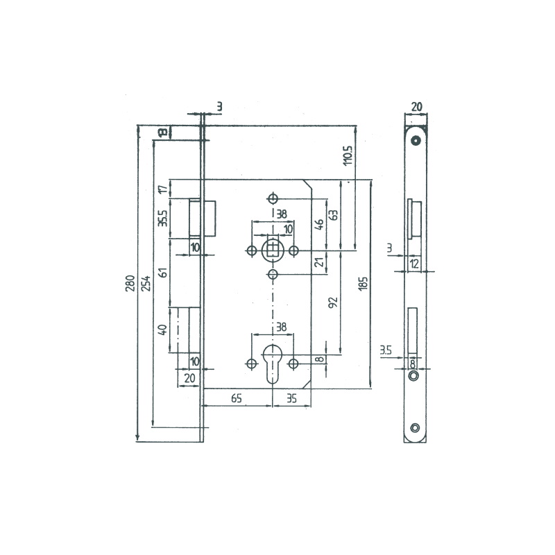 Bever Haustür Einsteckschloss PZ 65/92/10 - 20mm Stulp kantig Metallfalle