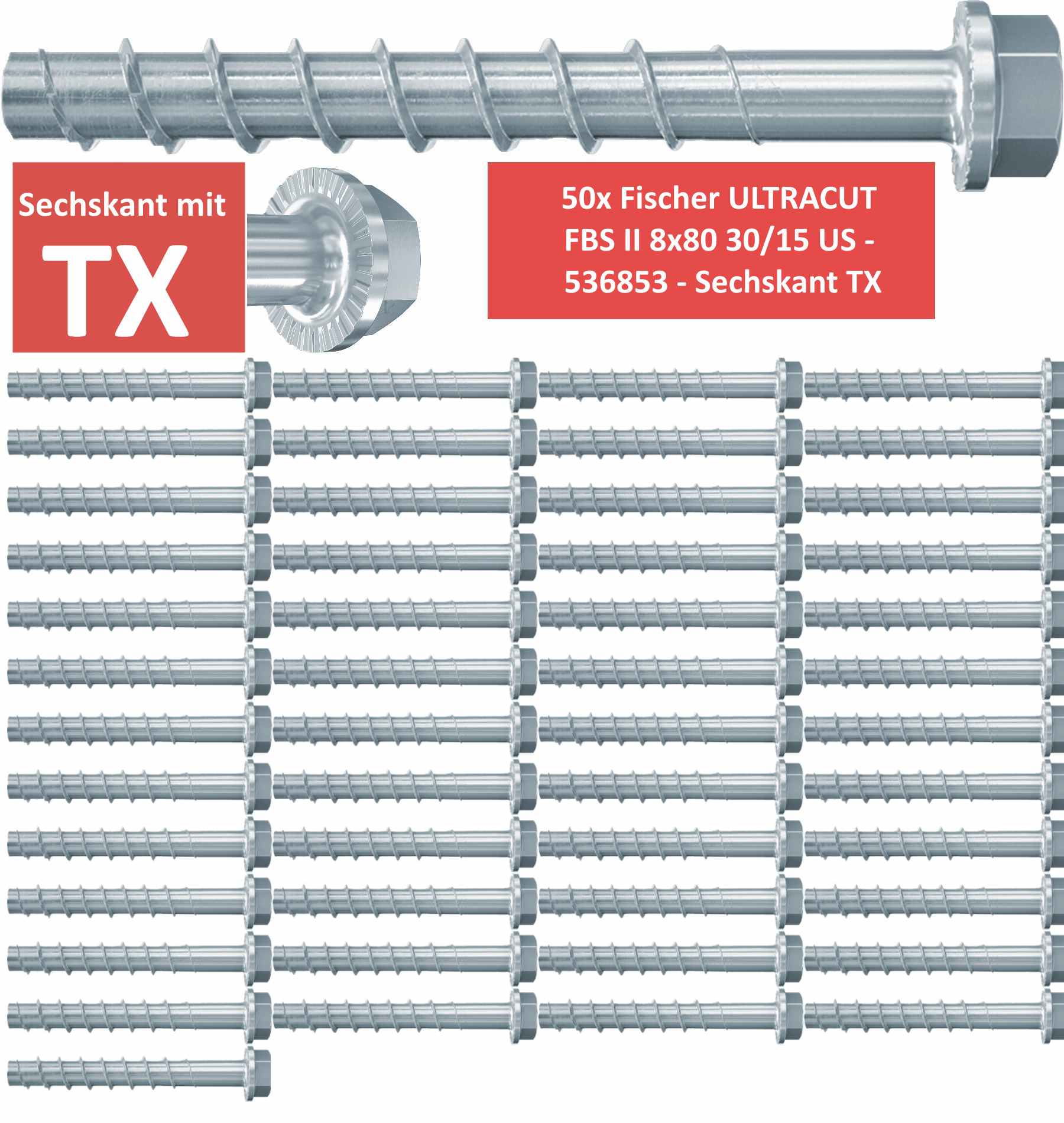 Fischer Betonschrauben Sechskant TX UltraCut FBS II 8x80 30/15 US - 50 Stück