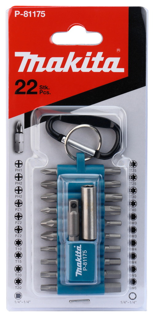 Makita Bit-Set mit Karabiner - P-81175 - 22-teilig - PH, PZ, T, 6-kant - Bithalter
