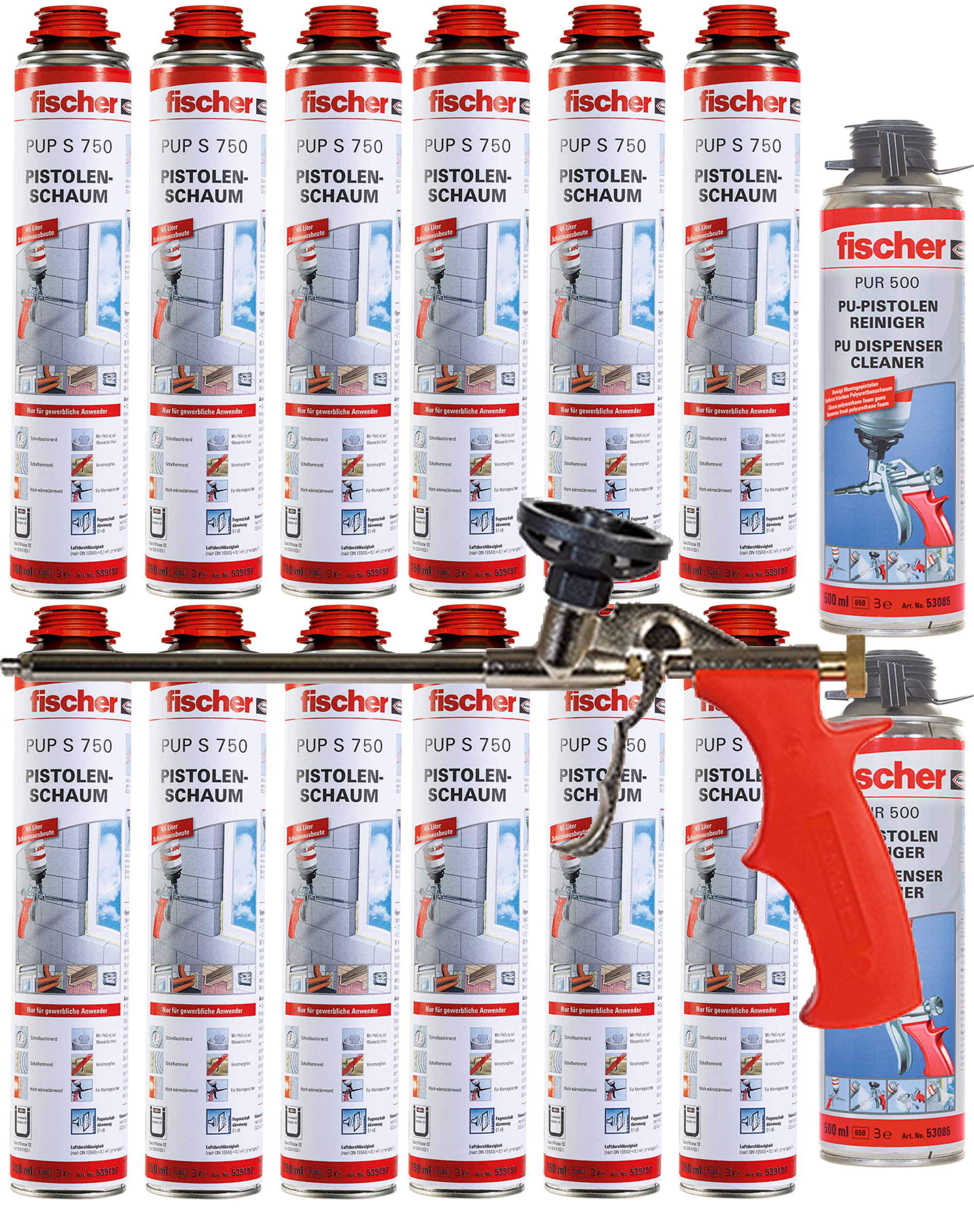 Fischer Pistolenschaum PUP S 750ml B2 1K - 12 Stück + 1x Pistole + 2x Reiniger