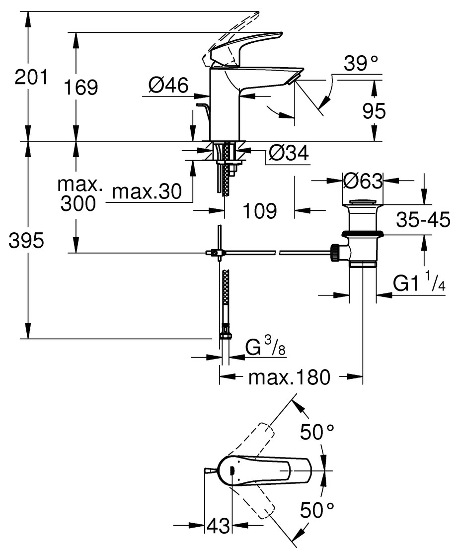 Grohe Einhand-Waschtischbatterie Eurosmart 33265003 Zugstangen-Ablaufgarnitur