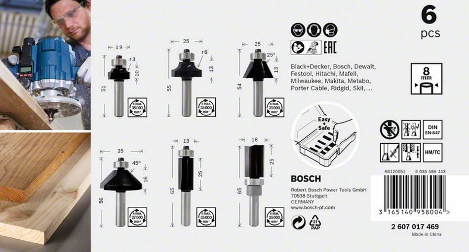 Bosch 6-teiliges Rand- und Kantenfräser-Set Fräser Set - 8mm Schaft - in Box