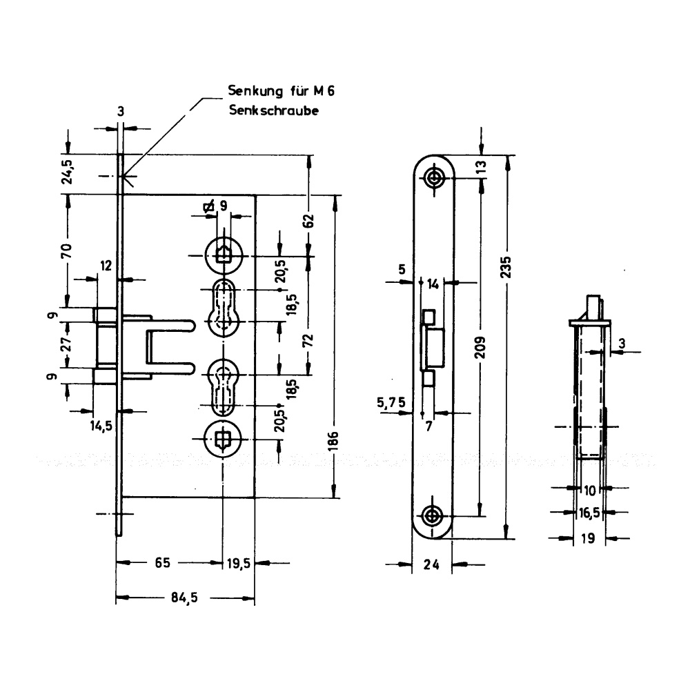 Bever Stahltürschloss Feuerschutztür 1009P - 65mm Dorn - 9mm Vierkant 24mm Stulp