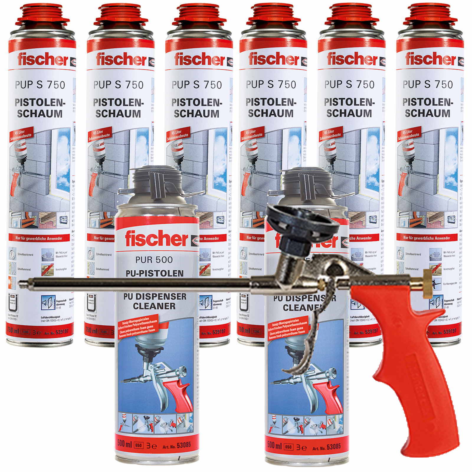 Fischer Pistolenschaum PUP S 750ml B2 1K - 6 Stück + 1x Pistole + 2x Reiniger