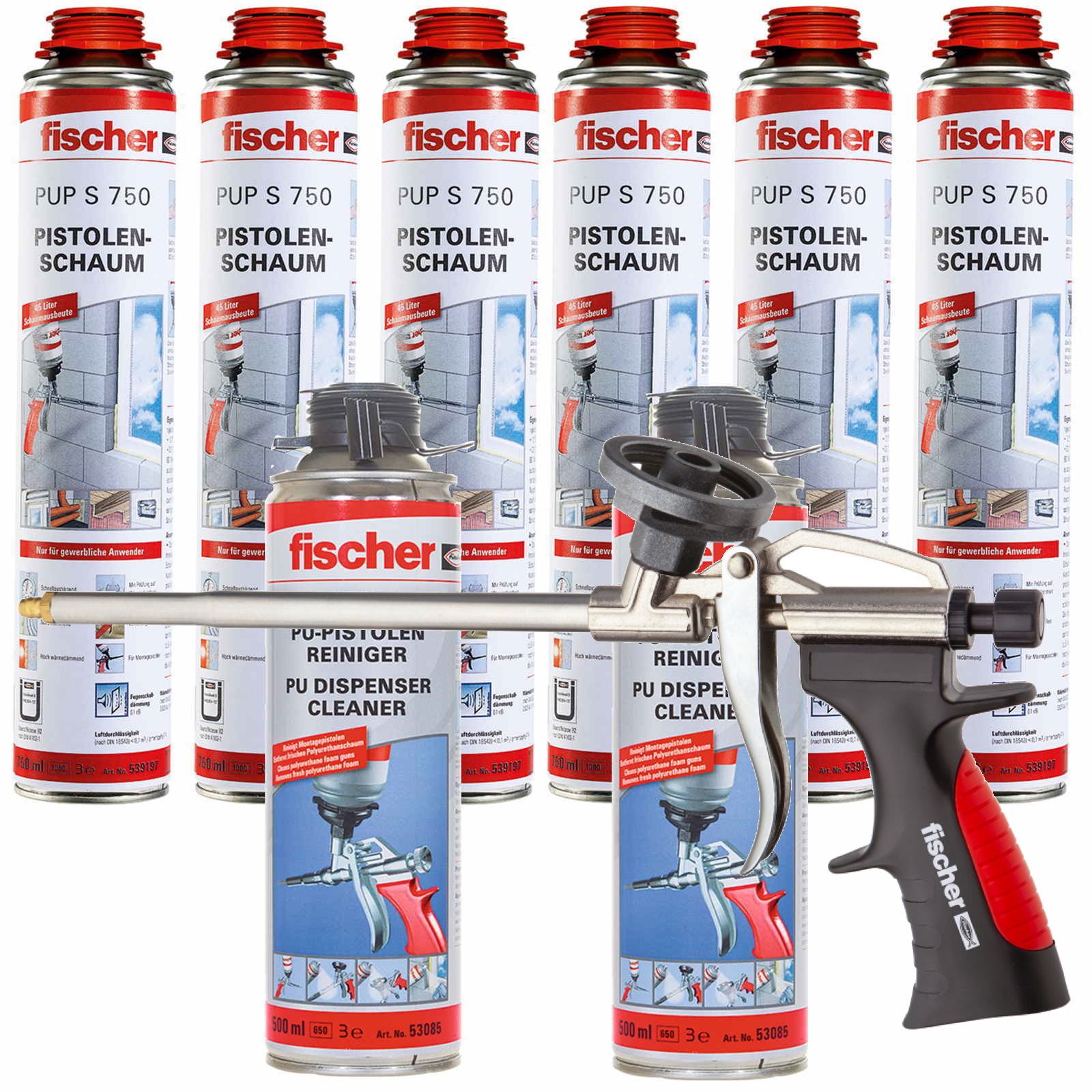 Fischer Pistolenschaum PUP S 750ml B2 1K - 6 Stück + 1x Pistole + 2x Reiniger