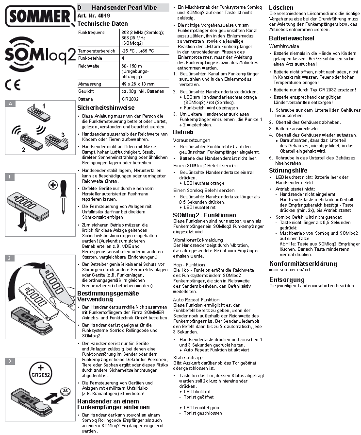 Sommer Handsender PEARL-VIBE 4-Befehl 868,95 MHZ mit Rückmeldung