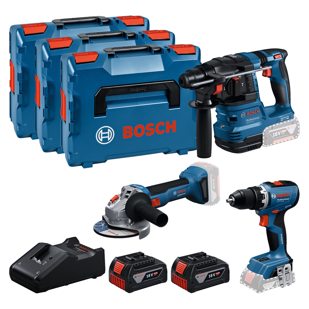 Bosch Professional 18V Set - GSR 18V-65 + GBH 18V-22 + GWS 18V-8 + 2x 5Ah Akku
