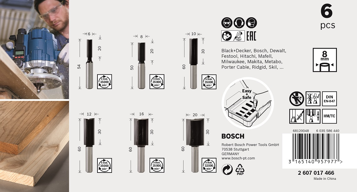Bosch 6-teiliges Nutfräser-Set Nut Fräser - 8mm Schaft - 2 und 3 schneidig