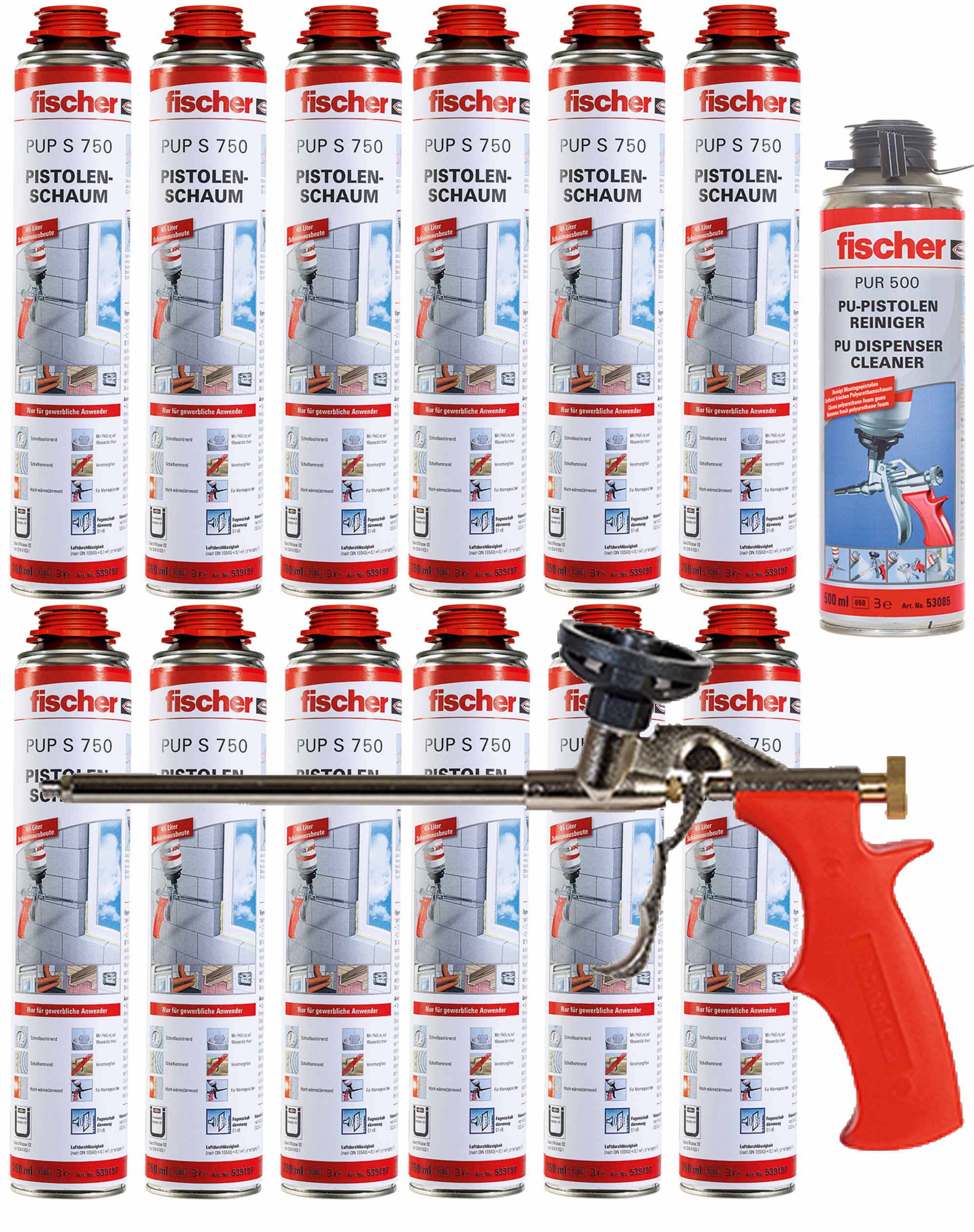 Fischer Pistolenschaum PUP S 750ml B2 1K - 12 Stück + 1x Pistole + 1x Reiniger