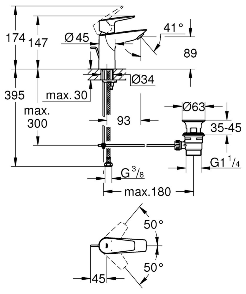 Grohe Einhand-Waschtischbatterie BauEdge - 23328001 - Zugstangen-Ablaufgarnitur