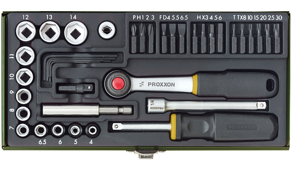 Proxxon Schraubersatz mit 1/4 Zoll-Ratsche und Magnethalter, 39-teilig - 23070