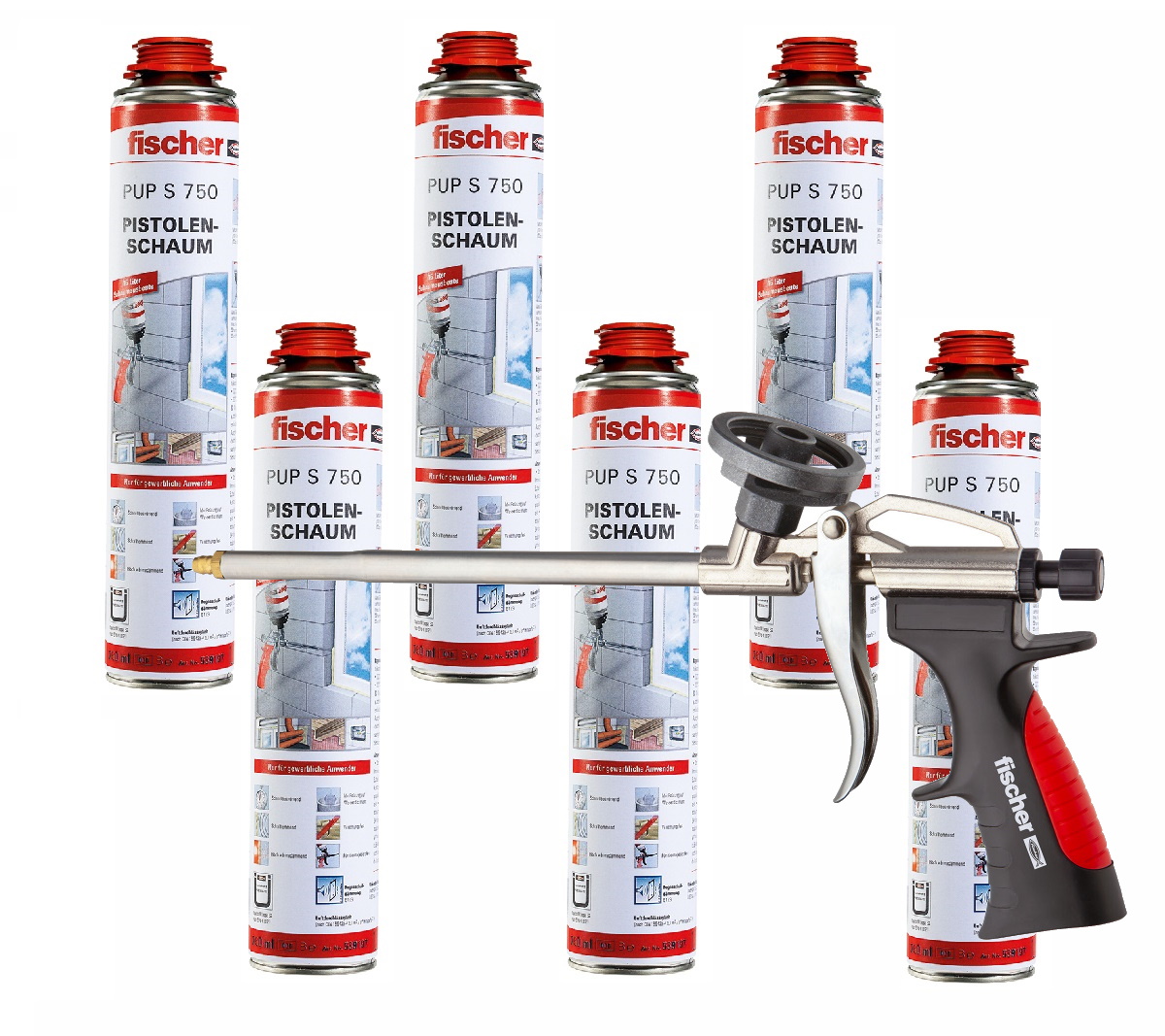 Fischer Pistolenschaum PUP S 750ml B2 1K - 6 Stück + 1x Fischer Schaumpistole