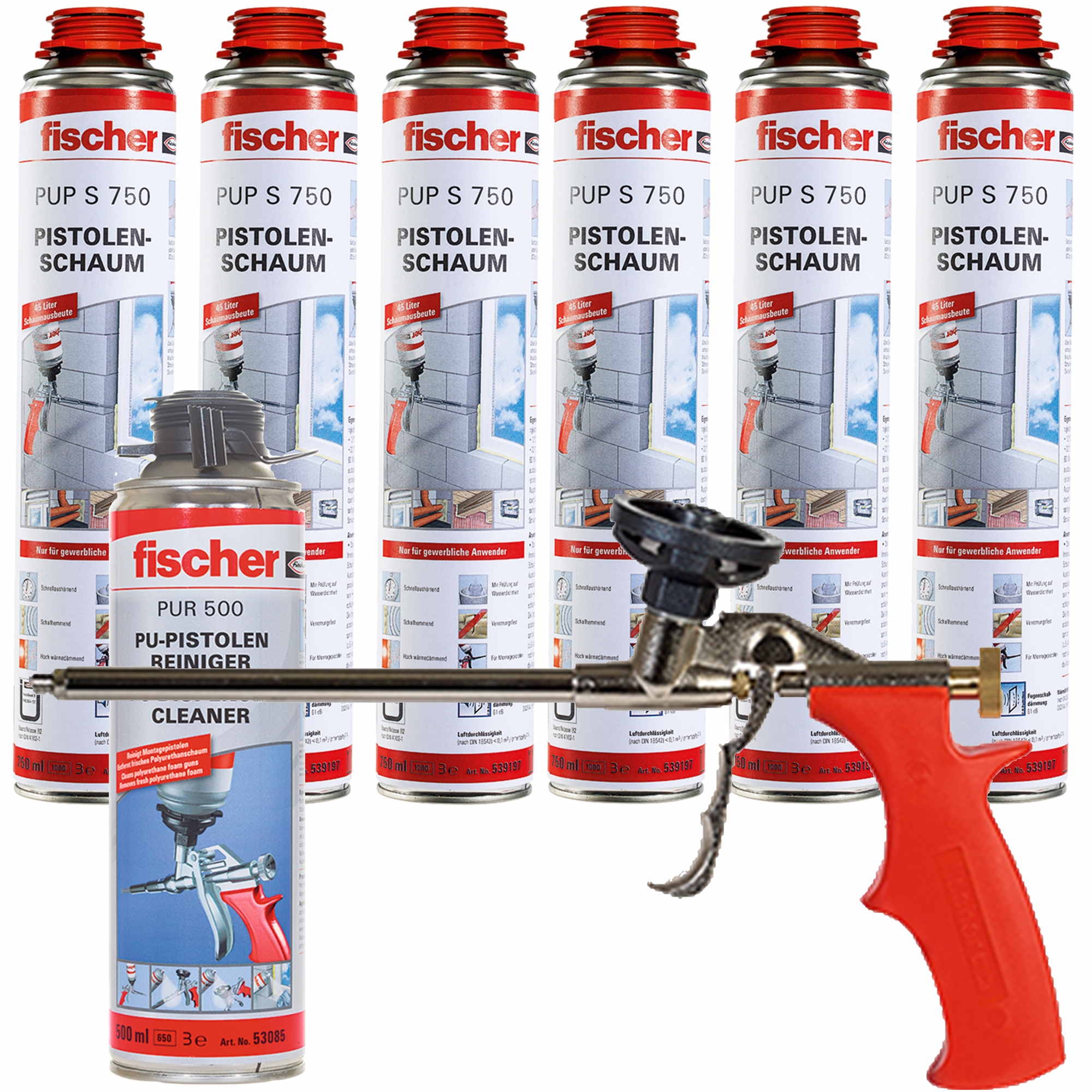 Fischer Pistolenschaum PUP S 750ml B2 1K - 6 Stück + 1x Pistole + 1x Reiniger