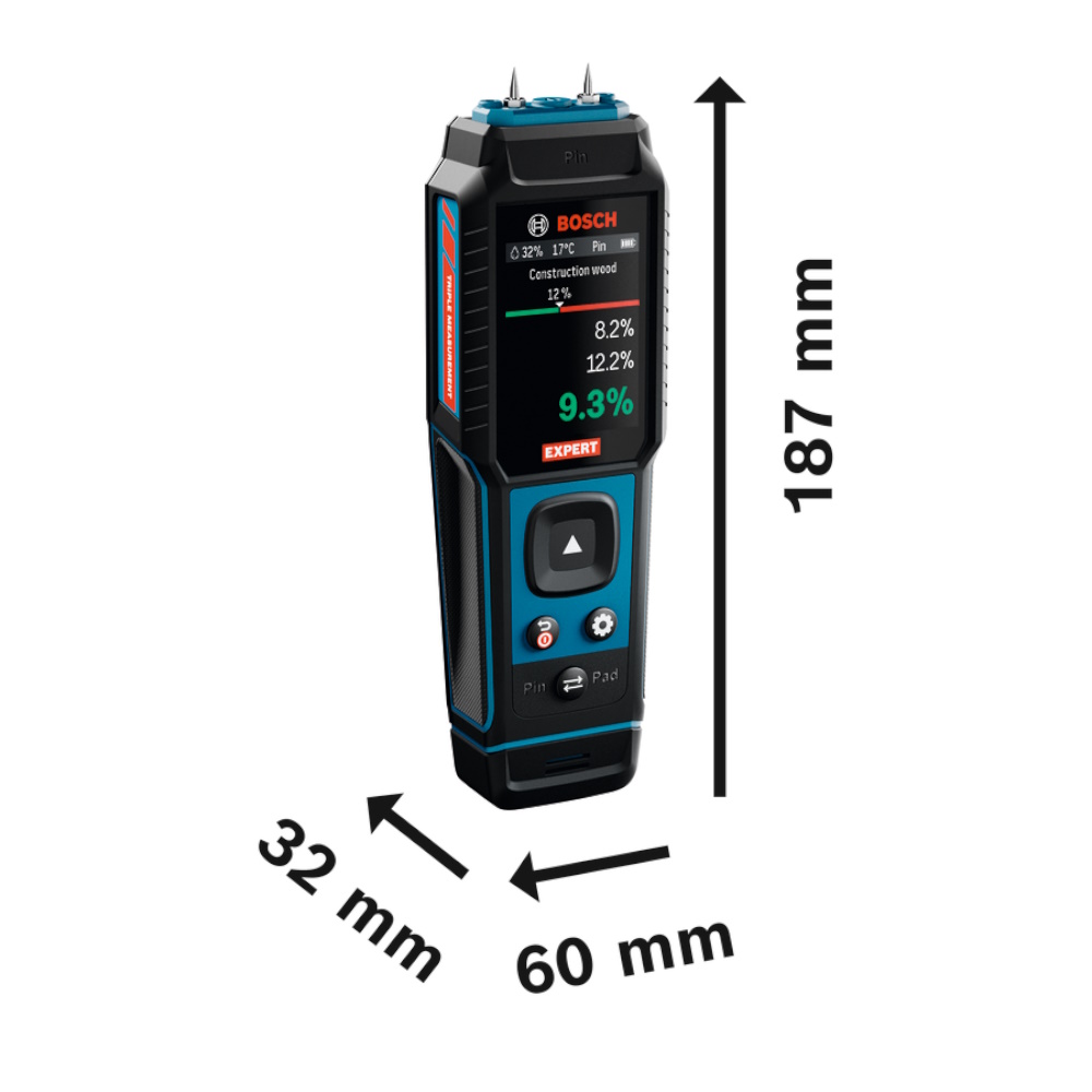 Bosch Materialfeuchtigkeitsmesser EXPERT EXMM3-17 Pin Pad Thermo IP65 In Tasche