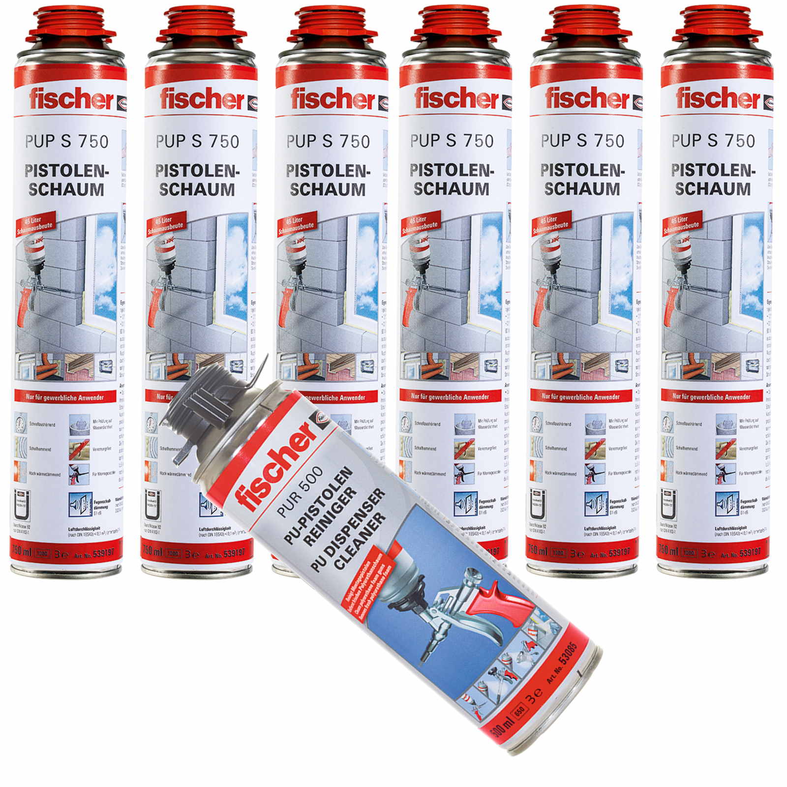 Fischer Pistolenschaum PUP S 750ml B2 1K - 6 Stück + 1x PUR500 500ml Reiniger